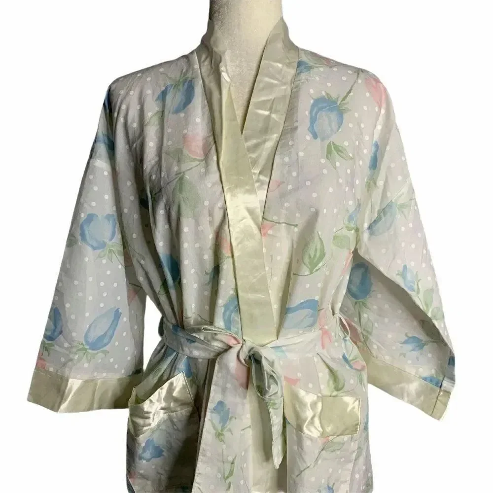 Vintage Long Floral Belted Robe S White Polka Dots